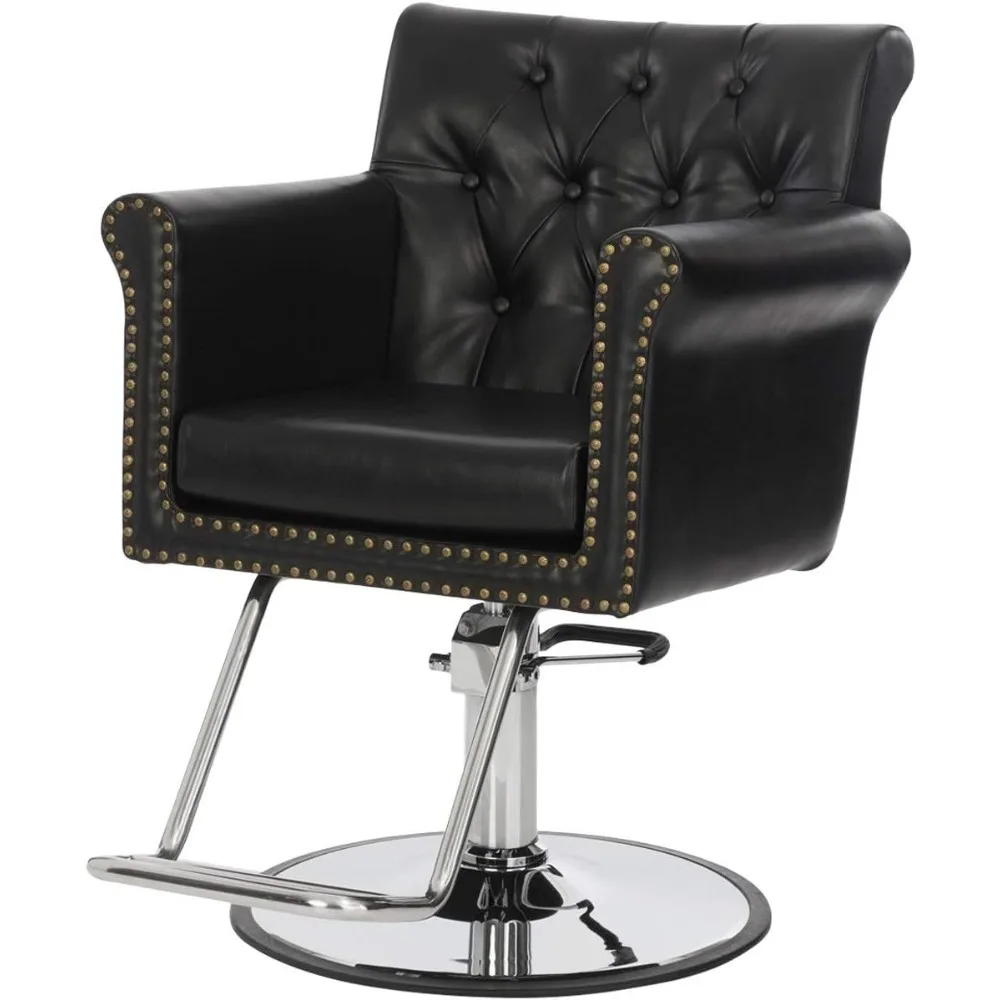 Chelsea Styling Chair for Salons and Stylists, Tufted Seat-Back and Brass Nail Head Trim Detailing, Steel Frame with