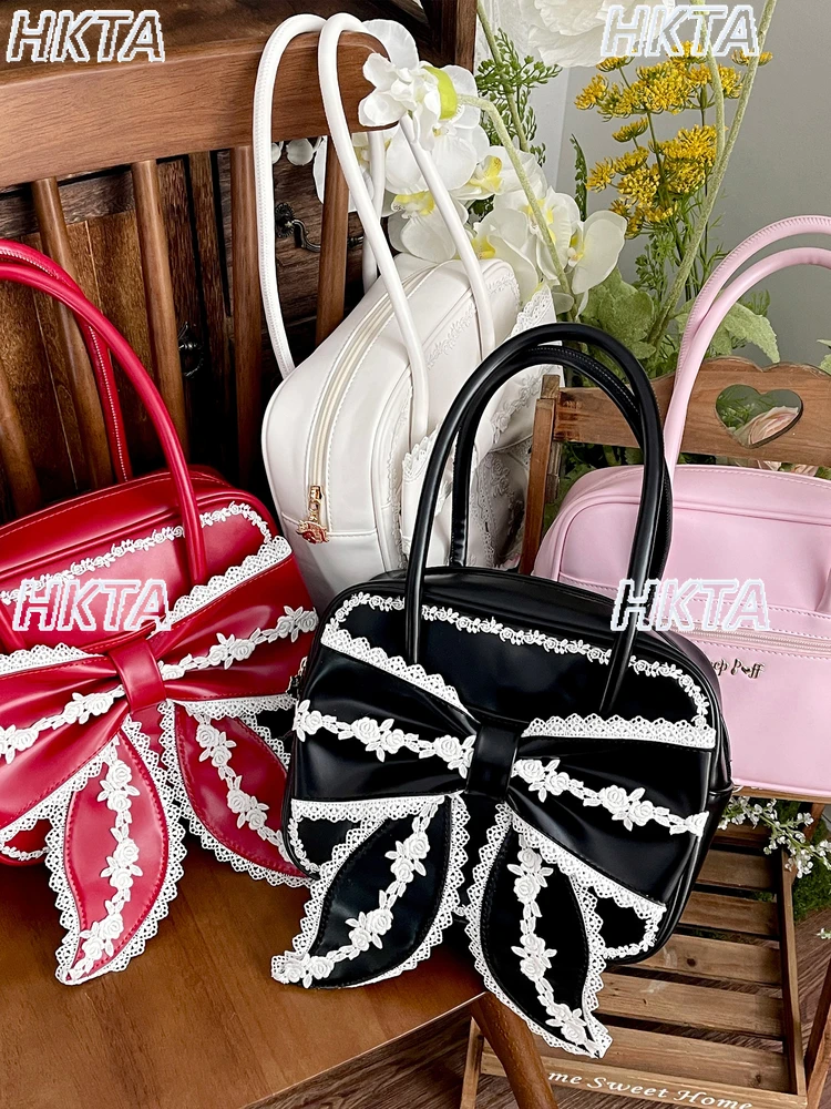 خمر أزياء إلكتروني سستة مربع القوس لوليتا حقائب النساء الحلو لطيف الدانتيل العتيقة لوس الوردي حمل الحقائب الإناث حقيبة يد من البولي يوريثان #2