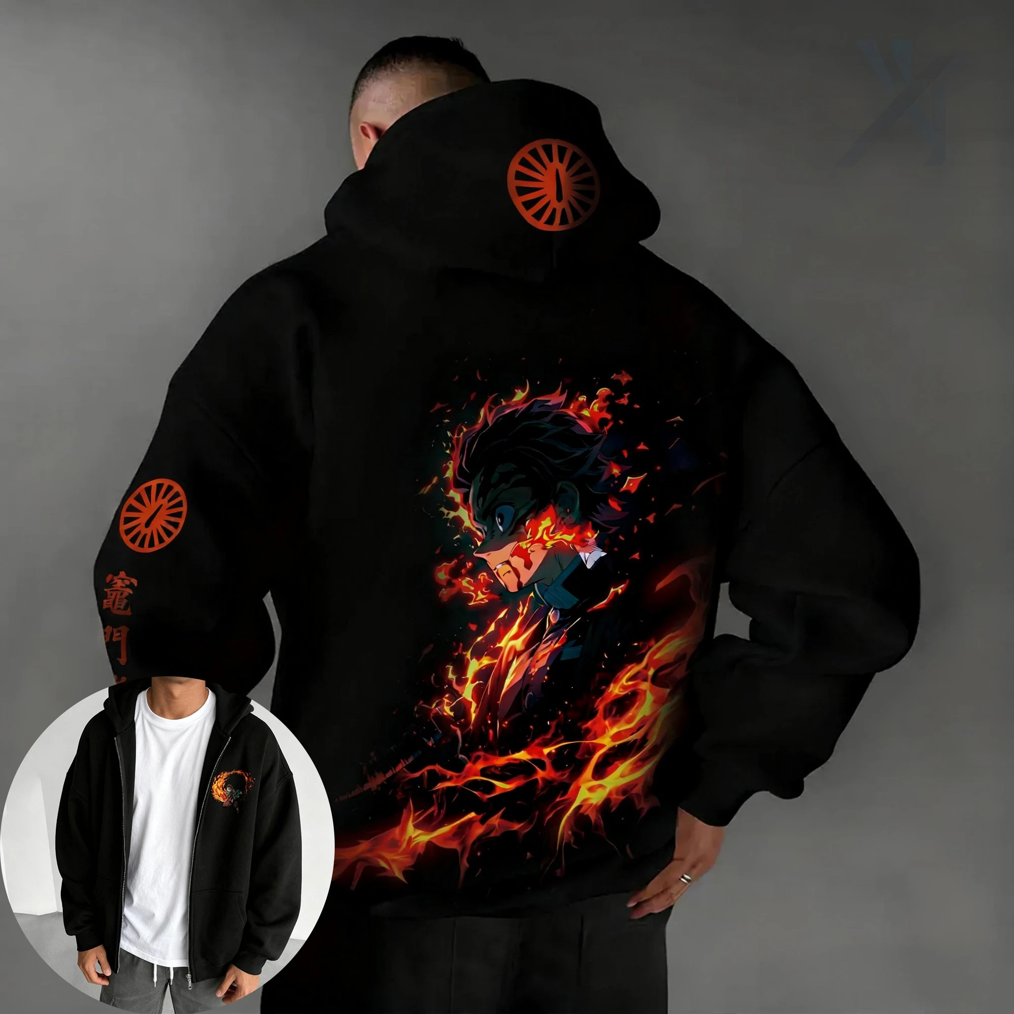 Demon Slayer Anime Autunno/Inverno Felpa con cappuccio con cerniera 2025 Nuovo Kamado Tanjirou Co-branded stampato Casual Allentato Genitore Bambino Top