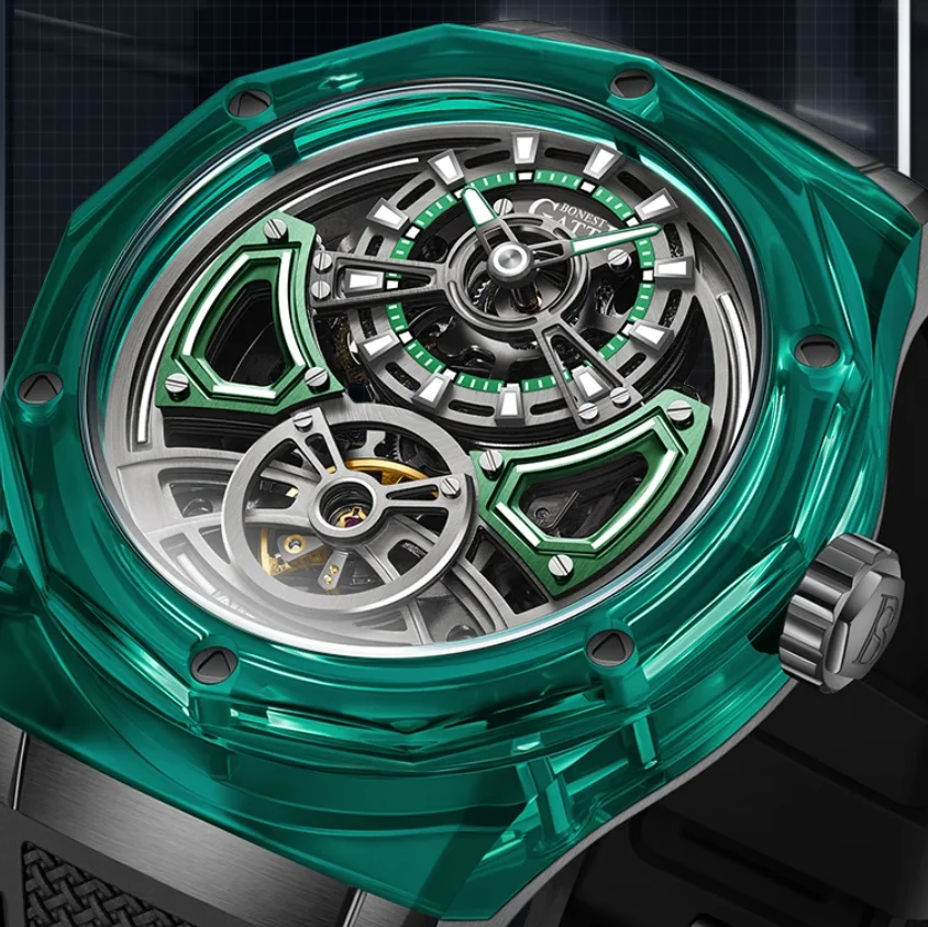 

BONEST GATTI Men Automatic Watch Luxury 45mm Mechanical Wristwatch Acrylic Case Sapphire Luminous FKM Strap Skeleton Dial