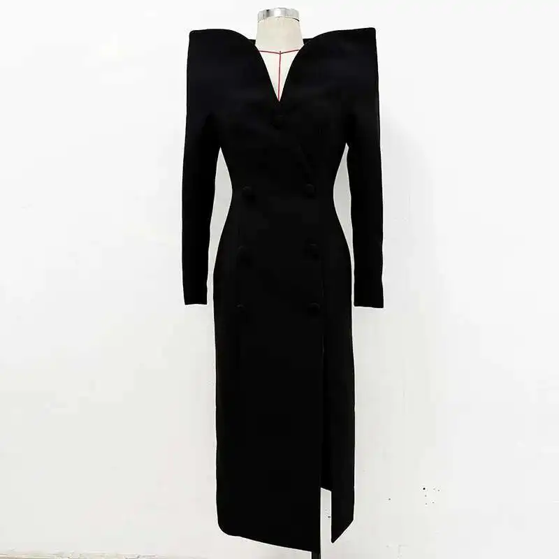 

Long Dresses Women Autumn/Winter New Celebrity Fashion Stand Up Collar Windbreaker Coat Evening Party Midi Vestidos