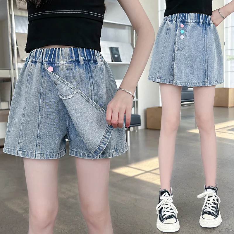 Kids Child New Summer Denim Shorts Under the Skirt With Color Buttons for Teenage Girls Y2K Skirt with Protective Shorts Inside