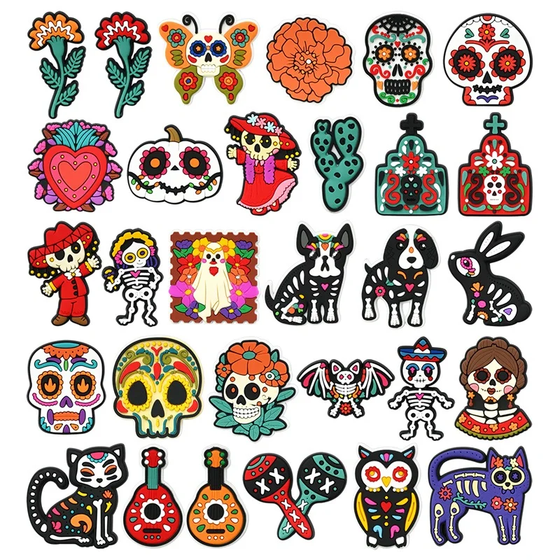 

Day Of The Dead Theme PVC Shoe Charms Colorful Skull Head Guitar Skeleton Cat Pattern Shoe Buckle Accessories Holiday Gift