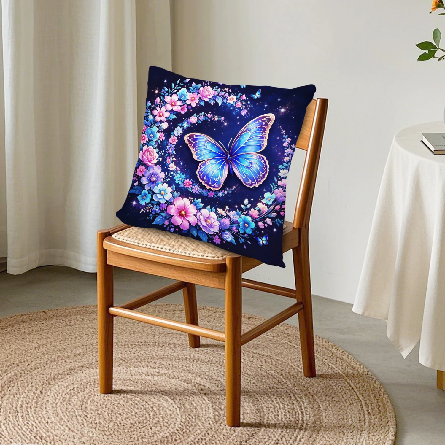 Blue Butterfly Floral Botanical Wreath Celestial Throw Pillow Covers Linen Cushion Cover Home Decor Living Room Sofa Couch Patio
