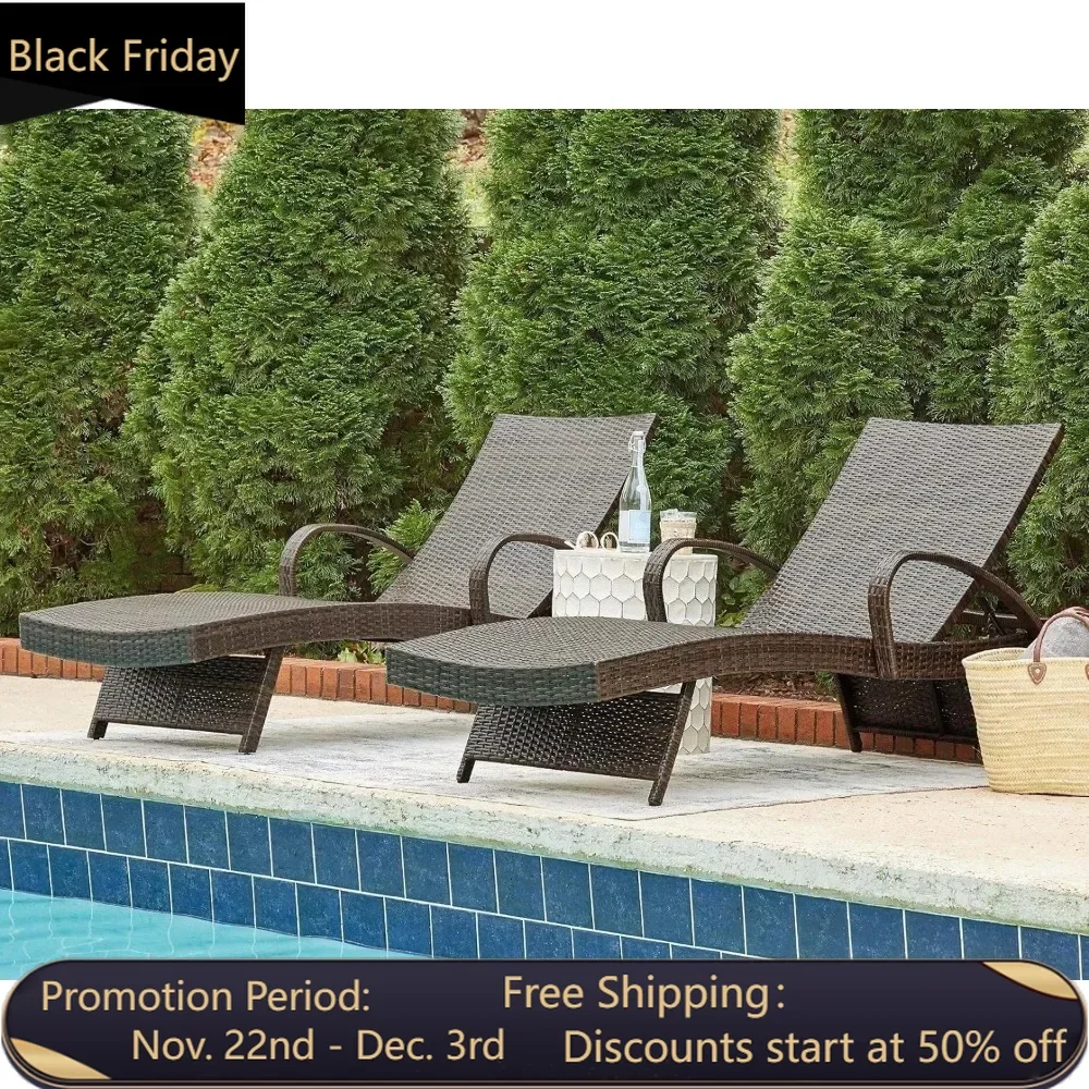 Outdoor 2 Piece Patio Wicker Chaise Lounge Set, with Adjustable Back and Ergonomic Arm Rest, Lawn, Poolside and Beach Chair