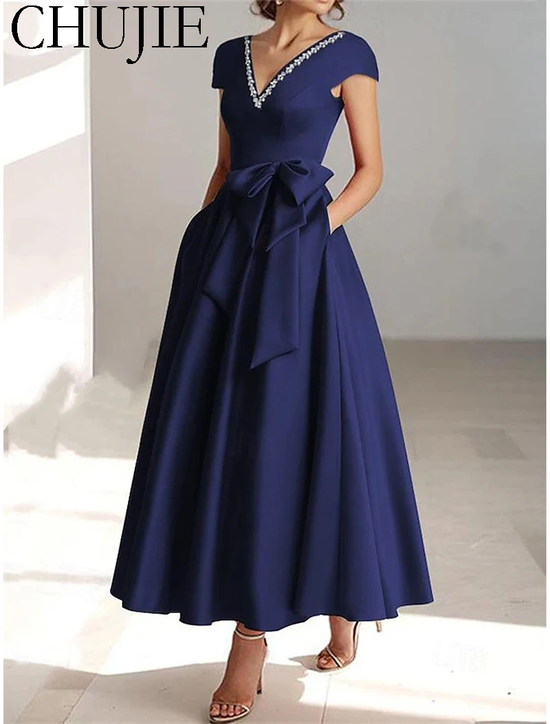 Sequins Mother Of the Bride Dresses For Wedding Cap Sleeves Wedding Guest Dress Customizable V Neck Satin Formal Evening Gowns