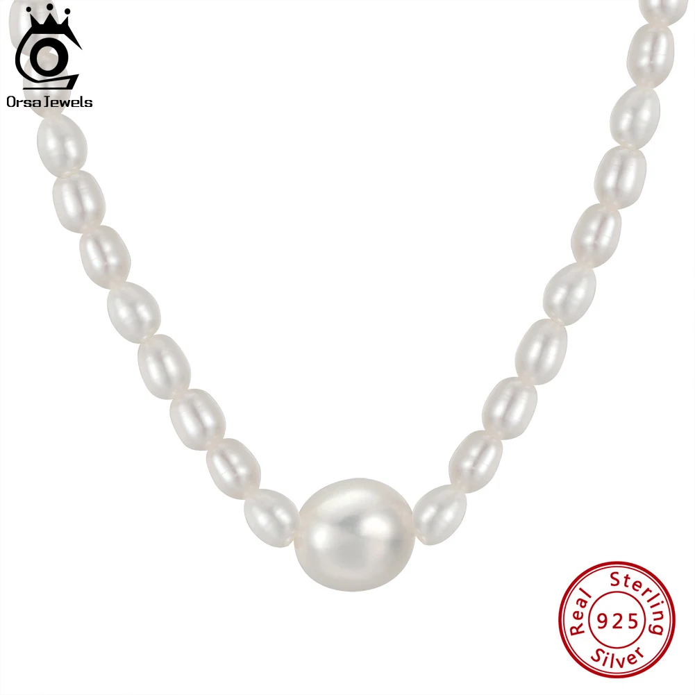 

ORSA JEWELS Elegant Silver 925 Freshwater Pearl Necklace Classic Wedding Beads Pendant Choker Chain for Women Jewelry Gift GPN34