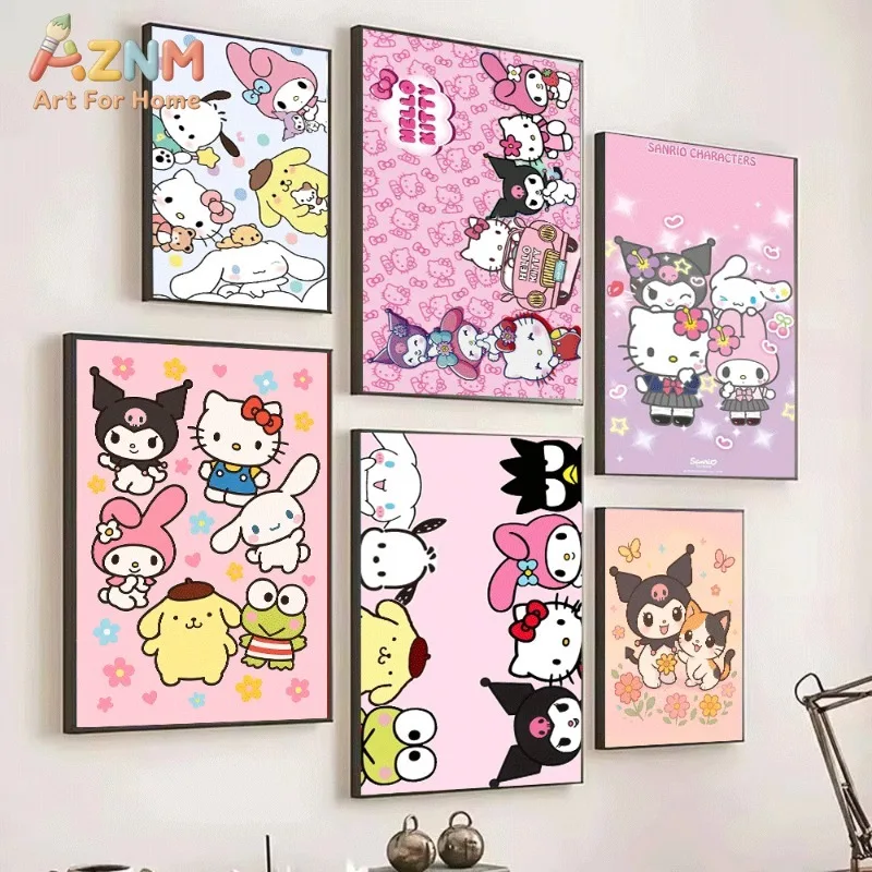 Sanrio Cute Cartoon Characters Poster My Melody Cinnamoroll Kuromi Pompompurin Pastel Canvas Wall Art No Frame Girls Room
