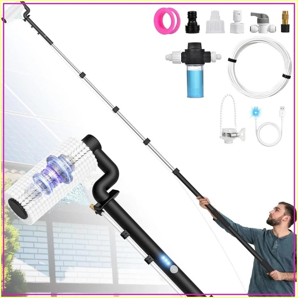 Electric Solar Panel Cleaning Brush & Pole Kit, 20ft Extendable Water Fed Pole, 2 Speed & Soap Dispenser, Outdoor Window Cleaning Tool