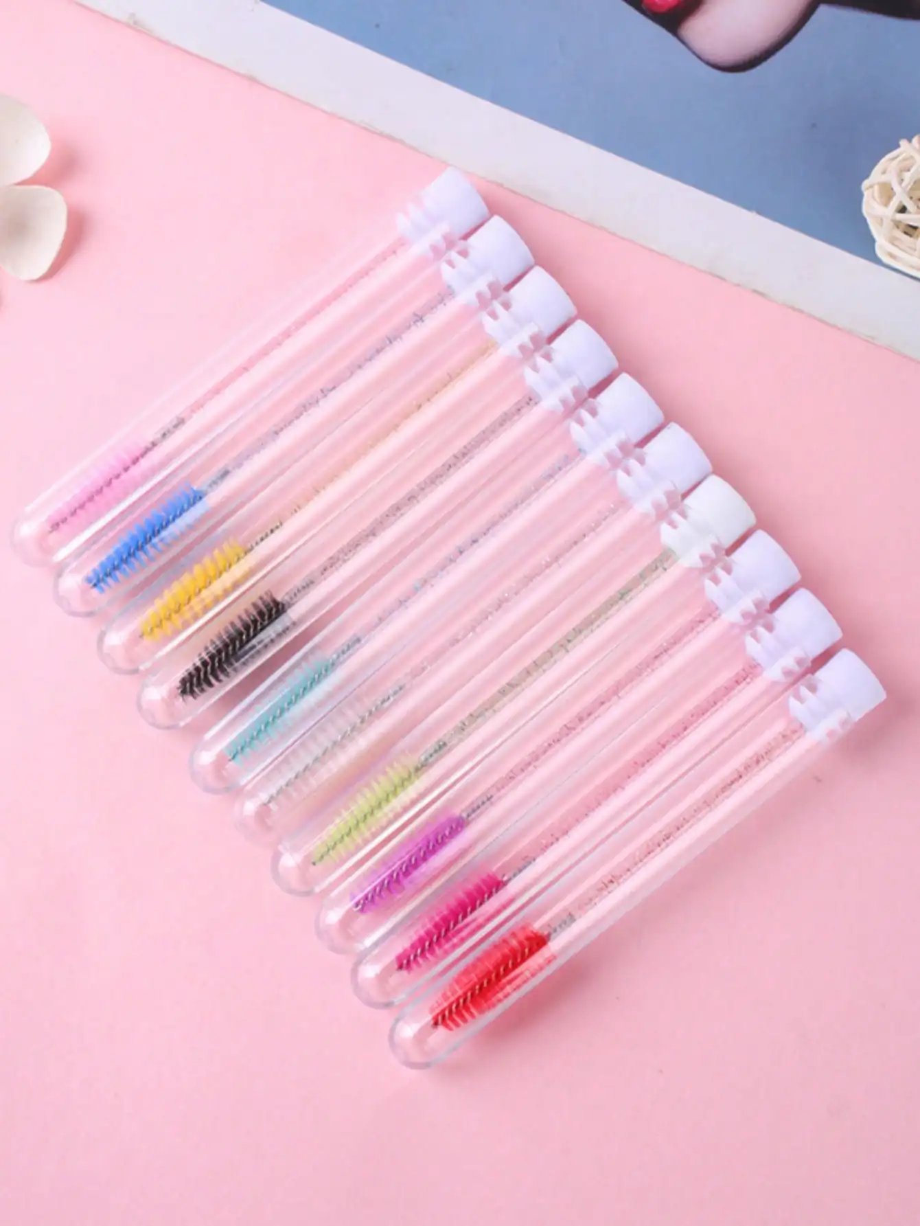 60pcs Disposable Nail Art Brushes Transparent Plastic Tube‑packed Pink Bristles Manicure Painting Pen For DIY Nail Decor Tools