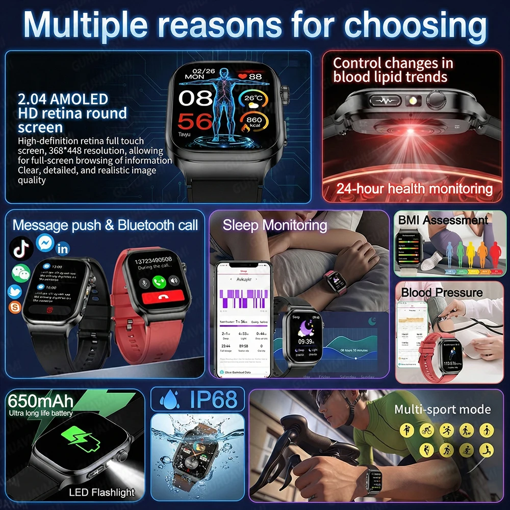 2026 New Accurate Diagnosis Smart Watch Body Fat ECG Blood oxygen BP Health Sport HD AMOLED Screen Call Smart Watches man woman