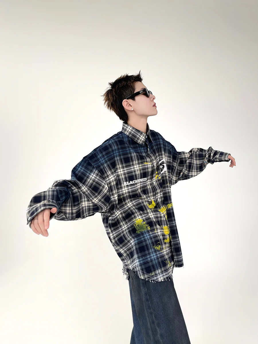 2025 Spring and Autumn New American Style Men's Retro Paint Splatter Print Black and White Plaid Long Sleeve Shirt