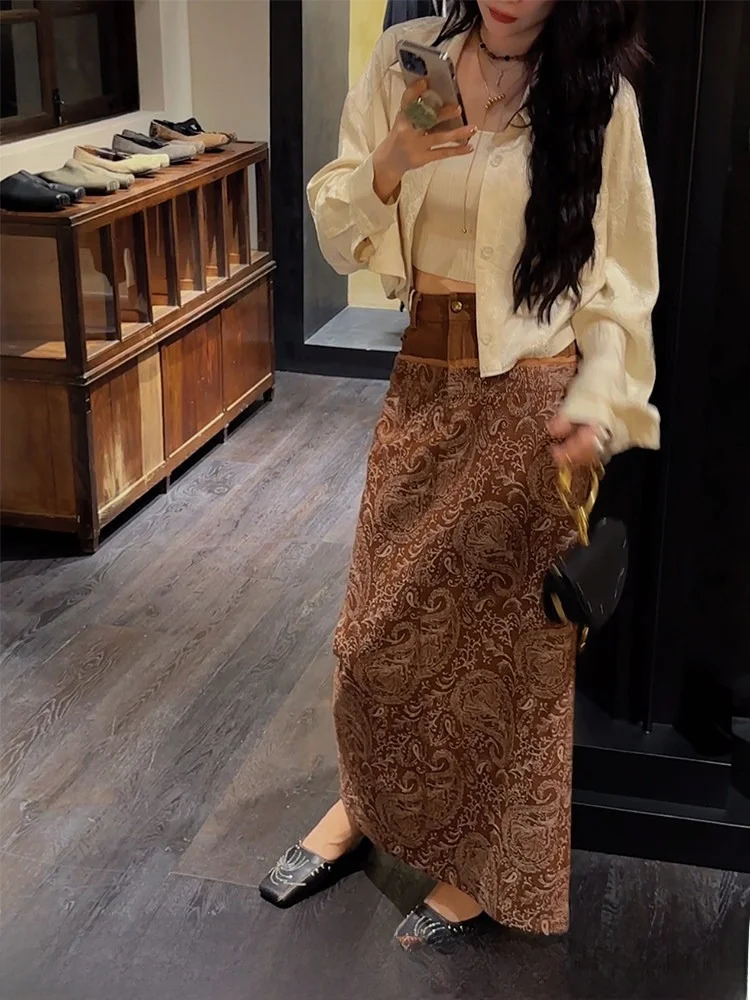 

New Chinese Sle f Skirt with Walnut Flower Pattern A-Line Silhouette Waist Design Polyester Cotton Blend Casual Wear