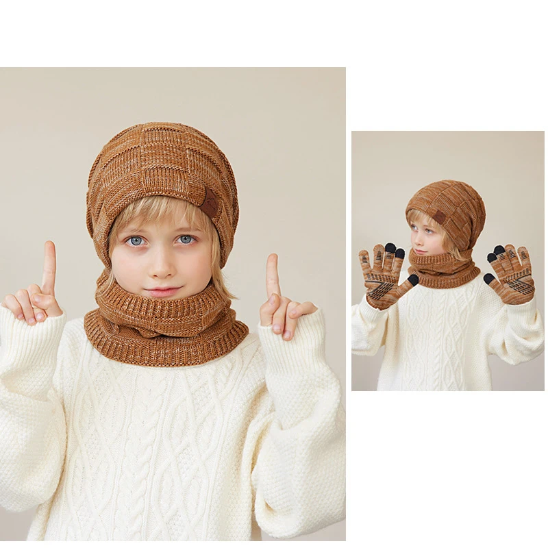 Kid Winter Keep Warm Beanie Hat Scarf Gloves Set 2 Pieces/ 3 pcs Boys Girls Fleece Lining Woolen Yarn Cap Child Knit Neck Warmer