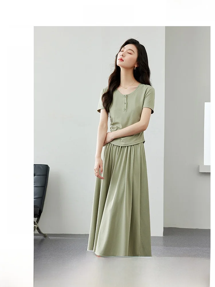 

Women's Summer T-irt Skirt Set Waist-Cinching Top f-Skirt Two-Piece Suit Faionable Casual Wear round Ne ort Sve