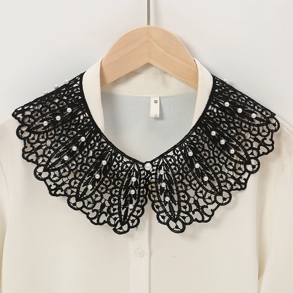 Women Knit Hollow Fake Collar Shawl Fashion Embroidery Shirt False Collar With Pearls Detachable Solid Blouse Decor Neckline