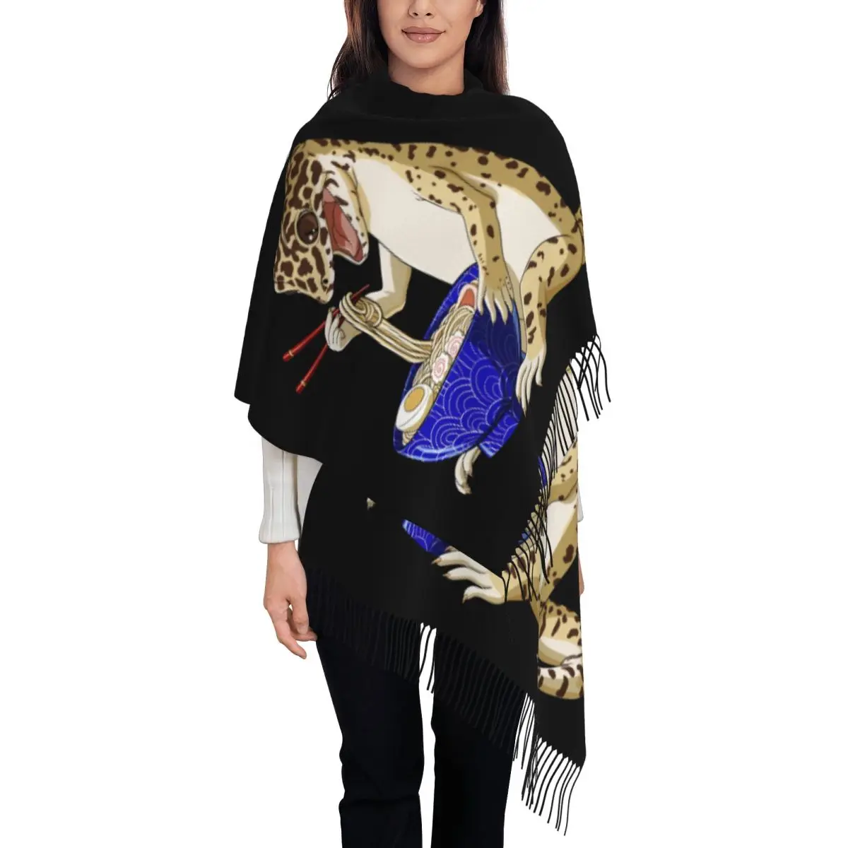 Custom Print Funny Japanese Kawaii Ramen Reptile Leopard Gecko Scarf Women Men Winter Fall Warm Scarves Shawl Wrap