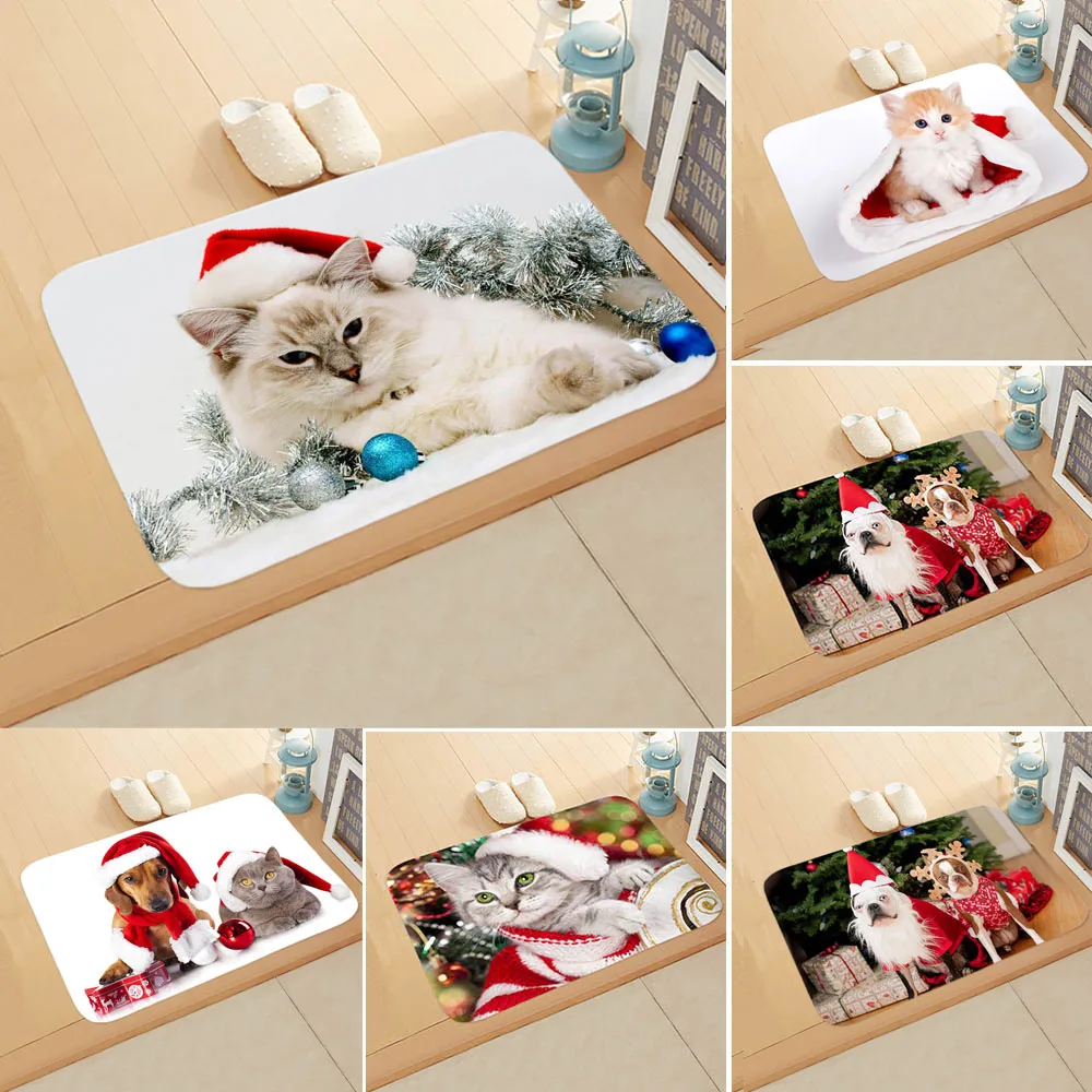 

Merry Christmas Dog Cat Doormat Wear Hat Welcome Home Anti-Slip Door Mat Carpet Decor Floor Rug