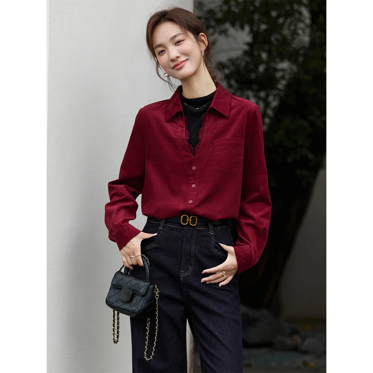 

VIMLY женские рубашки из чистого хлопка, французская лоскутная блузка 2 в 1, зима 2025, повседневные женские топы с кружевом и полувысоким воротником A3251