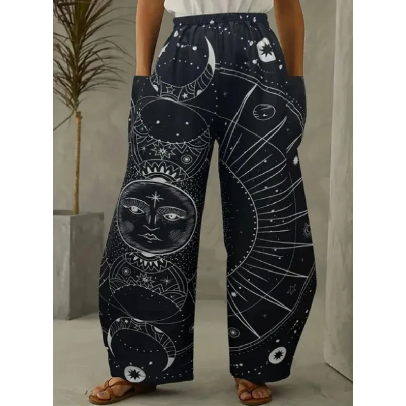Pantalon à jambes larges imprimé soleil et lune avec ceinture élastique, pantalon Mandala Vintage, confortable, décontracté, printemps/été