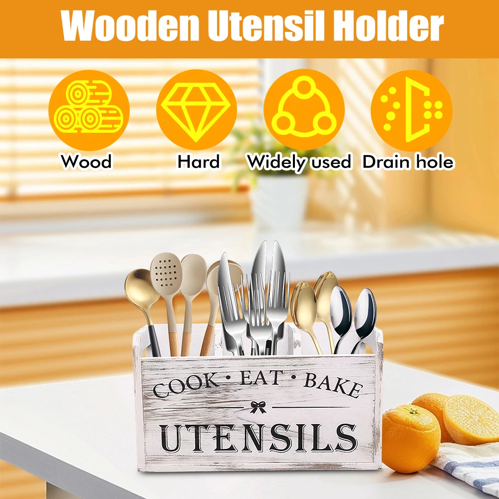 Rustic Whitewashed Wooden Utensil Holder Caddy