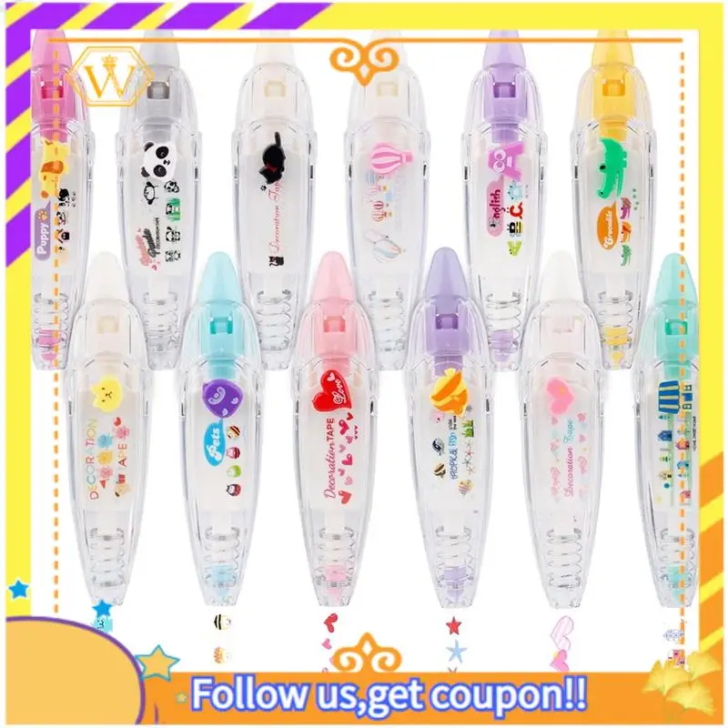 

12Pcs Decorative Tape Pen Set Press Type Decorative Pen Kit Correction Tape Pen Animal White Out Tape Tape Roller Pen