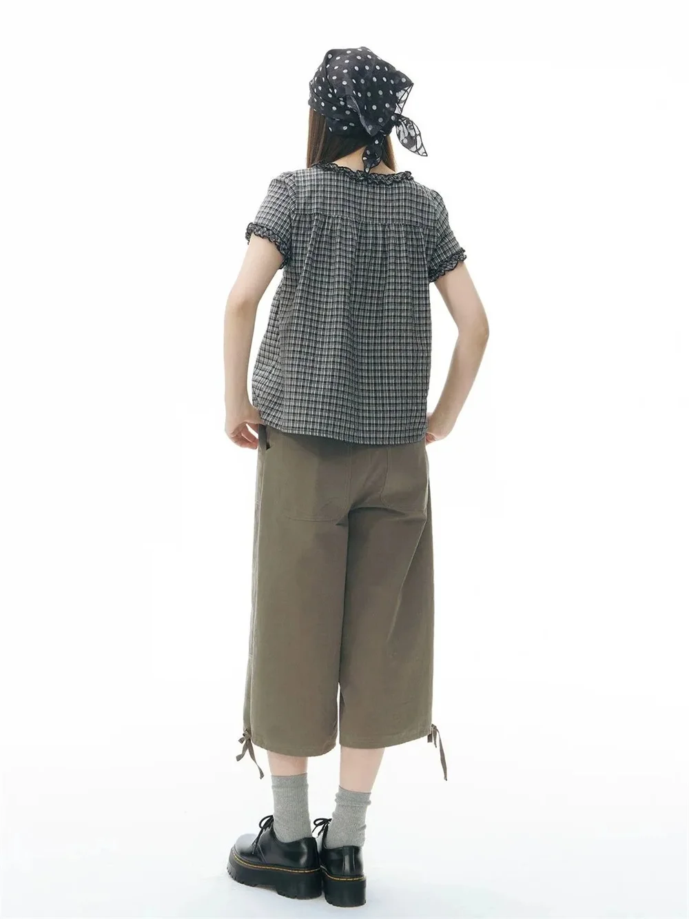 Y2K Karierte Bluse für Damen mit Rüschenbesatz und Spitzenverzierung, Kurzarm, Vordere Bindung, Sommerliche Lässige Süße Kawaii Tops, Modische Ästhetische Bluse – Detail 6
