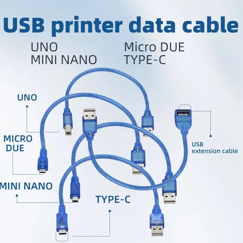 30-50-100CM USB Cable for Uno R3/Nano/MEGA/Leonardo/Pro Micro/DUE Blue High Quality A Type USB/Mini USB/type-c Cable For Arduino