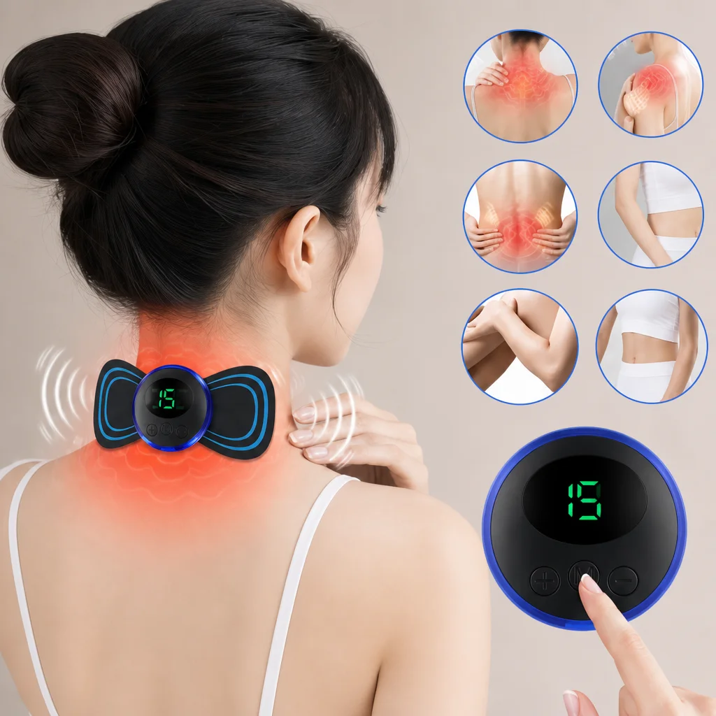 Mini Neck Massager with Remote, 8 Modes 19 Levels Cervical Gel Pads, Cordless USB Rechargeable Portable Tool for Office Home