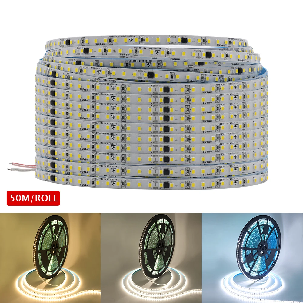 

220V LED Strip 2835 120LEDs/m Super Bright 10m 50m Flexible Home LED Light Tape Waterproof White Warm White 4000K No Need Power