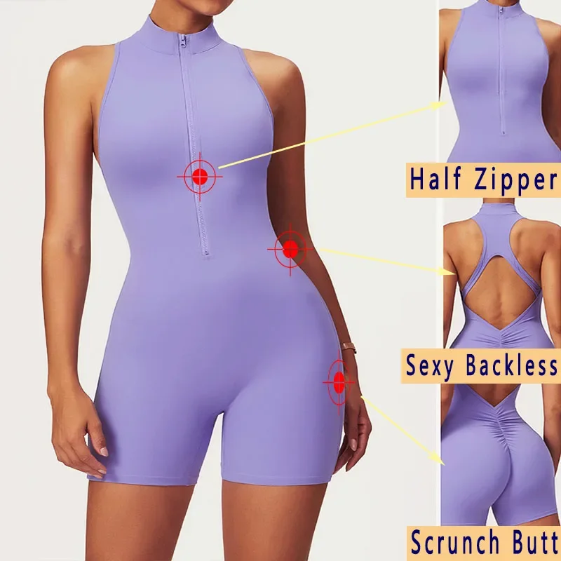 PofyBofy Front Zip Up Scrunch Butt Removable Chest Pads One Piece Women Sleeveless Shorts Jumpsuit Workout Fitness Yoga Rompers