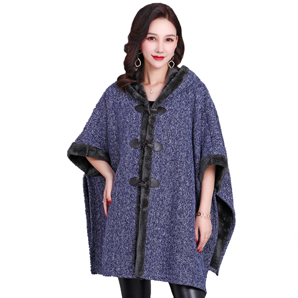 Navy Winter New Plush Thicken Warm Capes Jacket Outerwear Hood Loose Fleece Cloak Shawl Coat Women Party Dress Wraps Ponchos