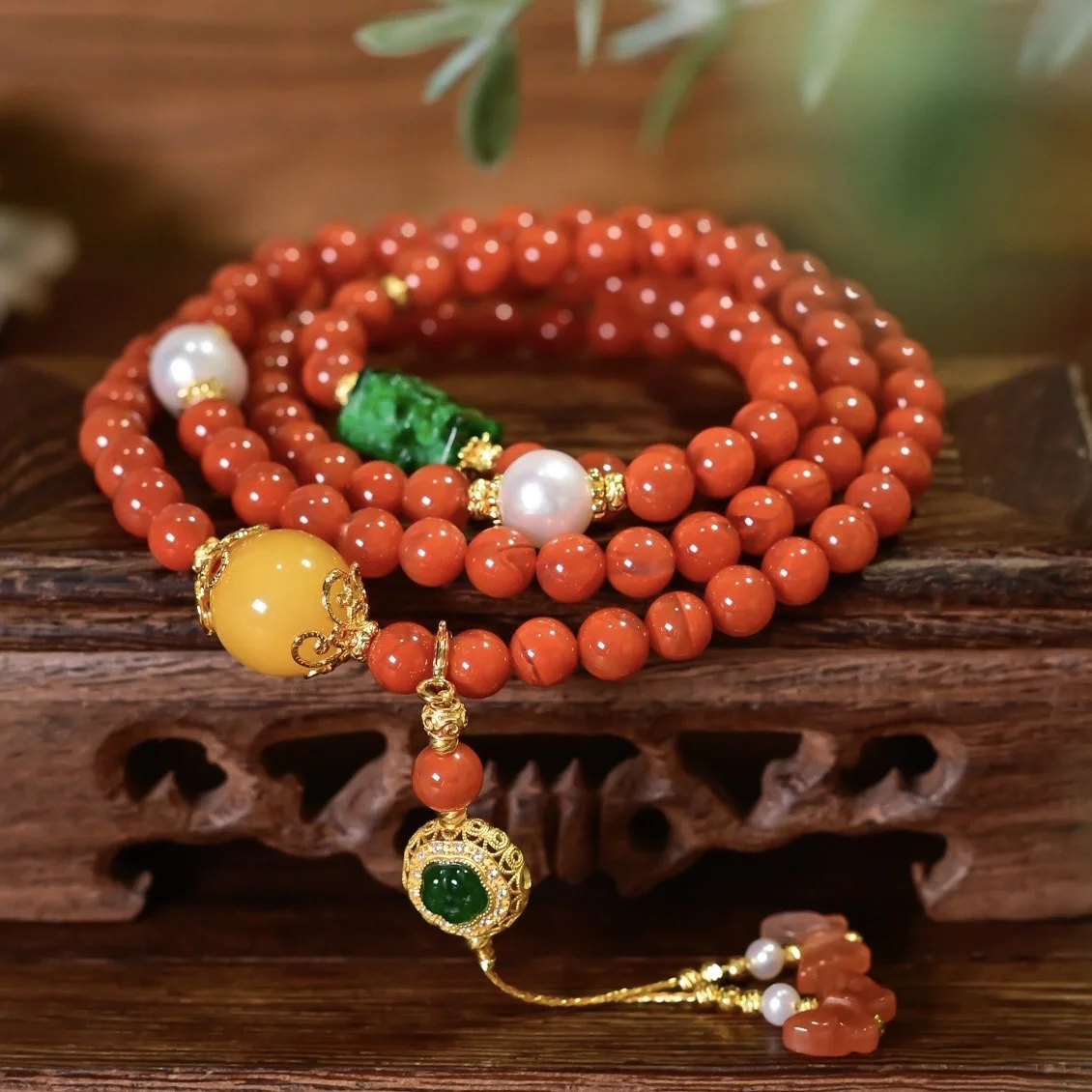 

108 Natural Red Agate Bracelet & Necklace 2-in-1, Amber Mellow Green Carved Dry Jadeite 925 Silver, Chinese Gemstone Jewelry