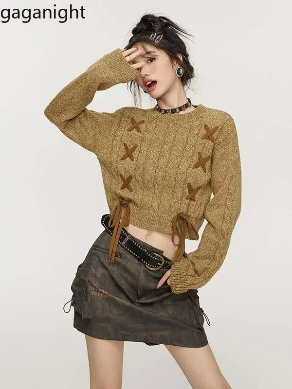 Gaganight Women Retro Twisted Flower Short Style Sweater Women's 2024 Winter New High End Unique Special Tie Inner Top Sweater