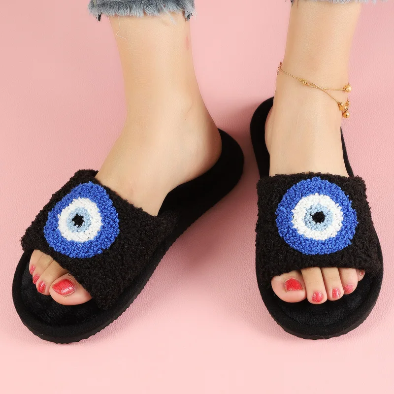 Blue Evil Eyes Curly Slippers Autumn Women Plush Slippers Couple Open Toe Home Cotton Shoes Flat Bedroom Warm Flannel Slippers