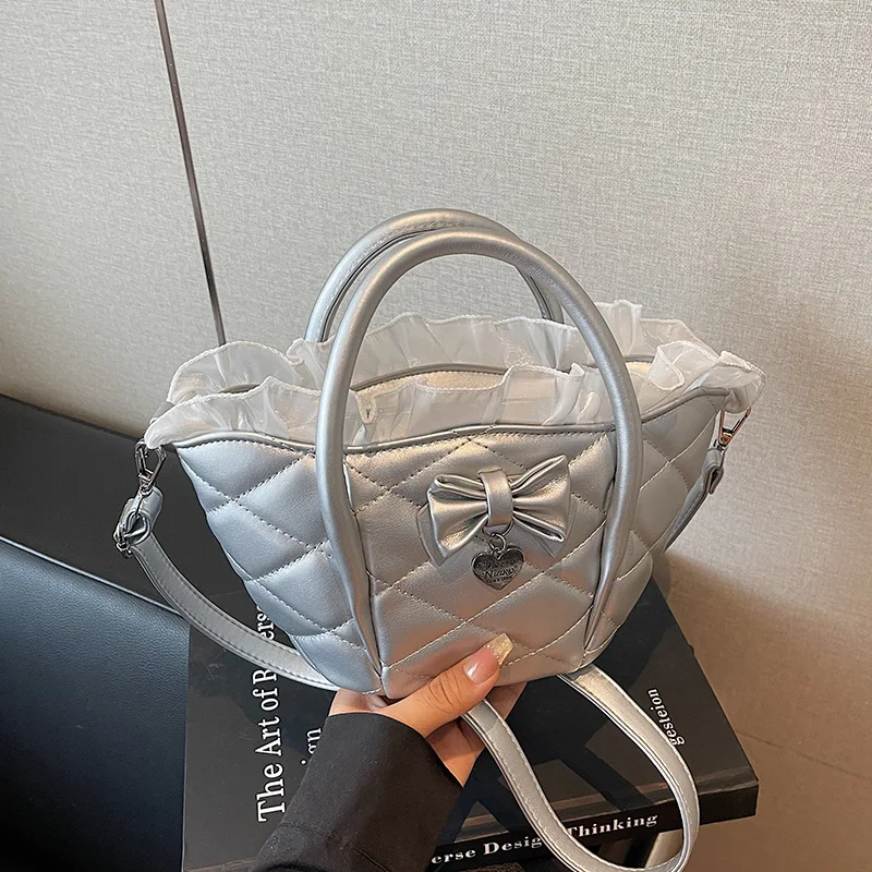 

Elegant Ladies Tote Luxury Silver Clutch Bag Women Lace Side Design Crossbody Shoulder Bag Diamond Lattice Handbag Bucket Bag