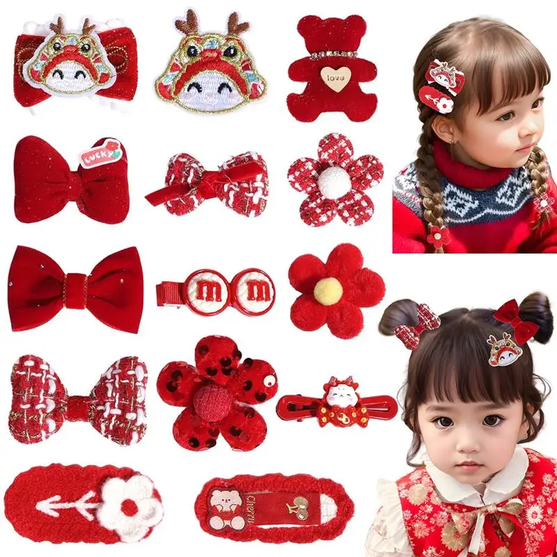 14Pcs New Year Hair Clips For Girl Chinese Style Hairpins Adorable Hair Barrettes Year Of The Dragon Bow Bear Luck Hair Clips