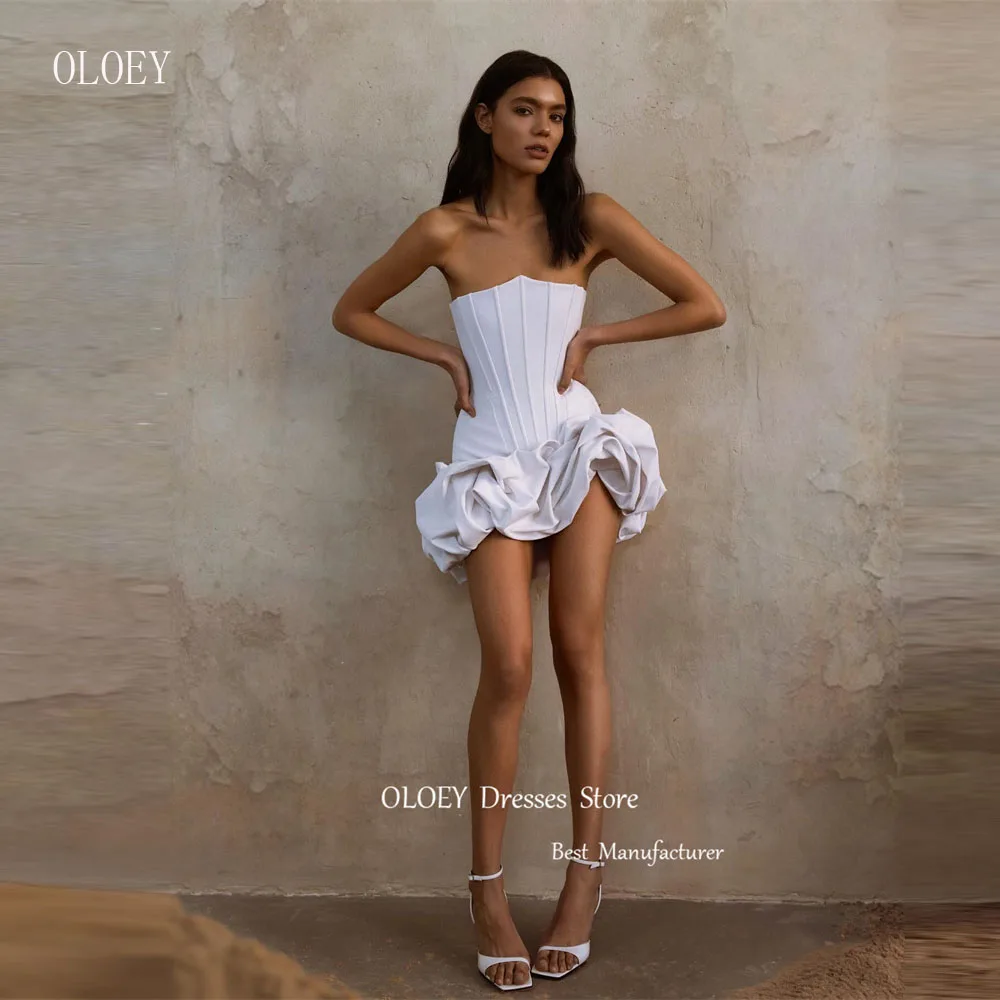 

OLOEY Mini Sexy Short White Party Dresses Strapless Boning Fitted Women Ruffles Women Prom Gowns Wedding Bridal Dress