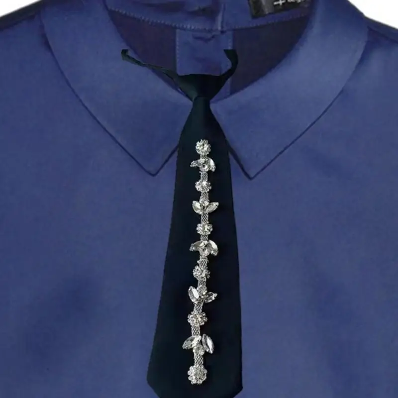39BD Uniform Black Ties for Senior High School Girl Uniform Pre-tied Preepy Look Adjustable Neck Ties with Crystal