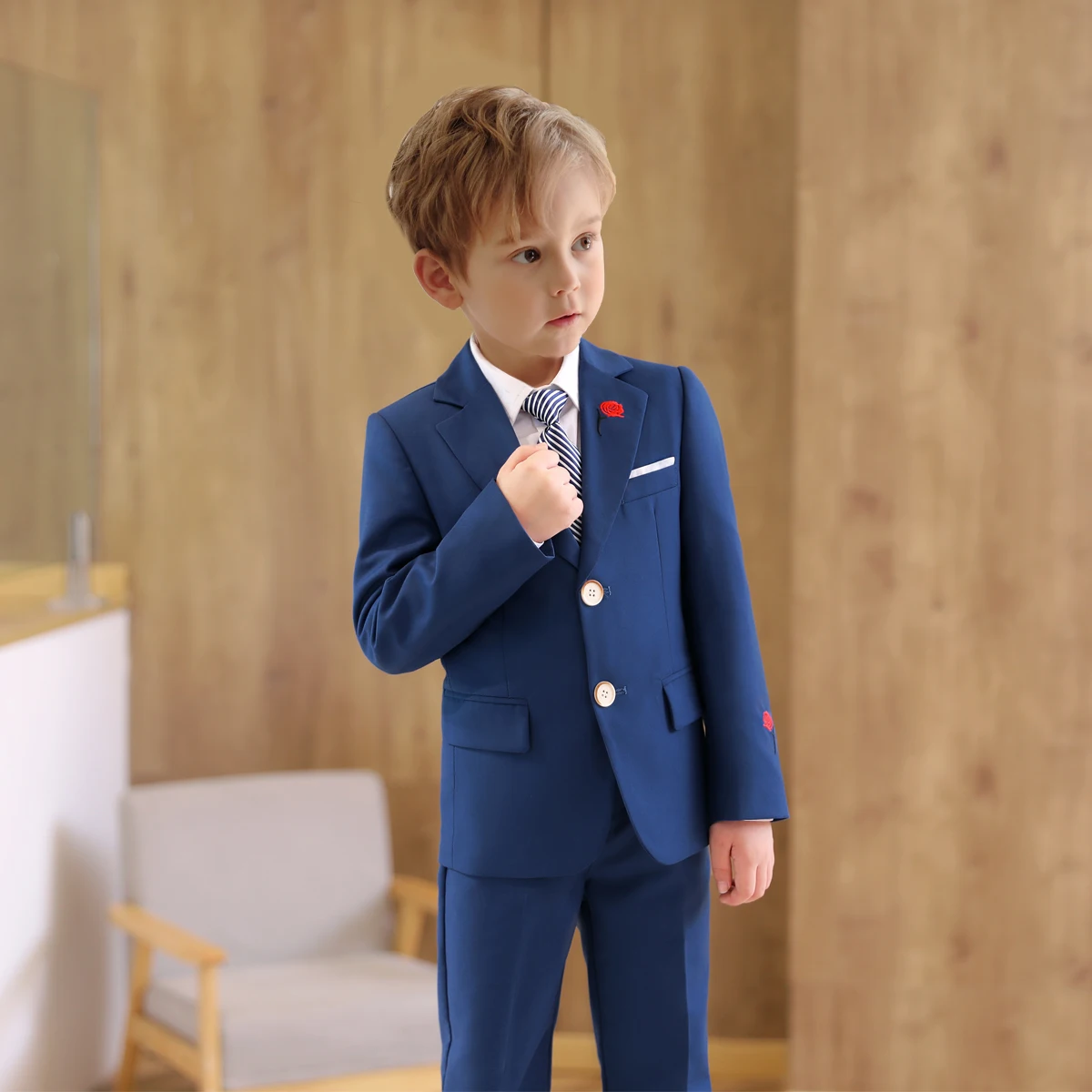 Cute Toddler Solid Suit Set Regular Fit 3 Pieces Blazer Pants Tie Little Handsome Boy's Suits Tuxedo For Child 2-14 Years