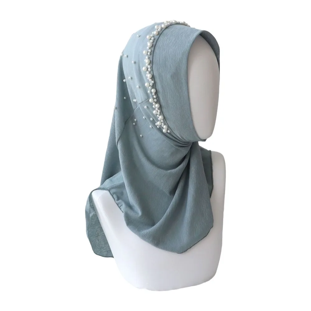 Cute Solid Color Beads Hijab Quick Drying Pull On Style Head Wraps Head Wrap Stretchable Sun Protection Headscarf Girls