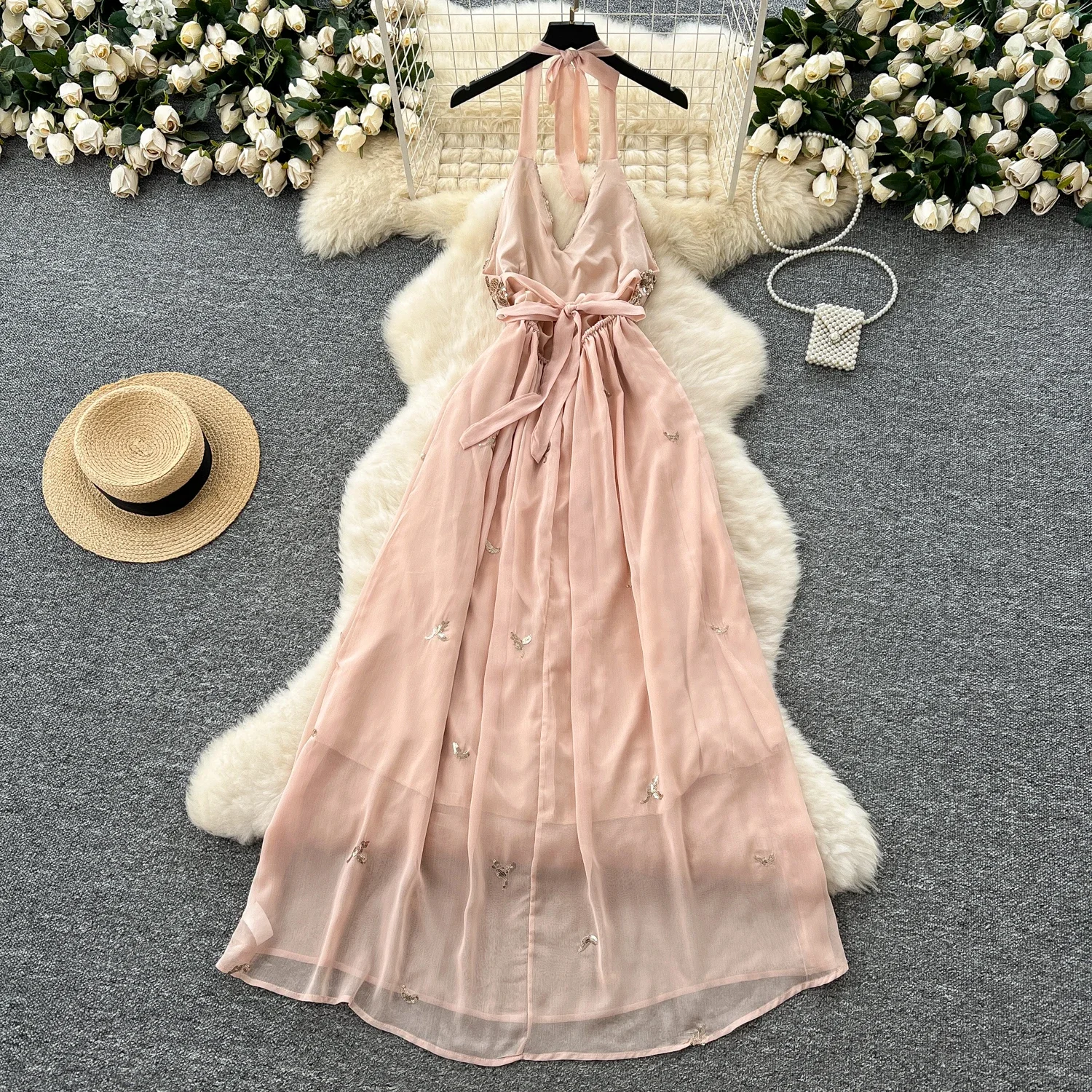 Hotsweet カットアウトスリムメッシュホルタースパンコール刺繍オフショルダーバックレスレースアップシフォンセクシーな妖精のドレス女性服