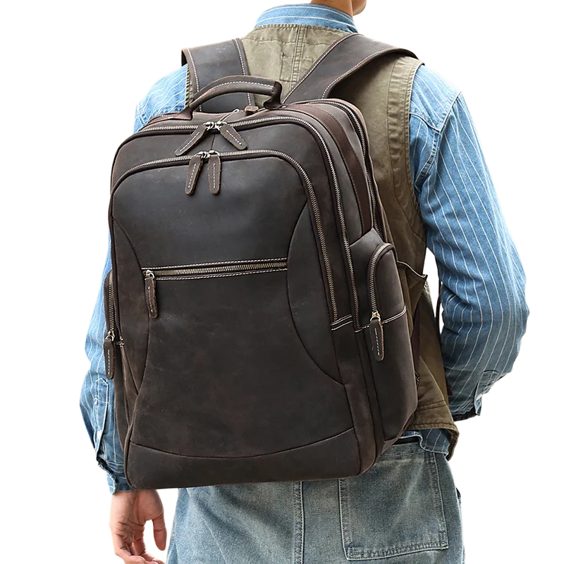 

Vintage Crazy Horse Leather Men's Backpack Large Capacity Business Travel Top Layer Cowhide Leather Bag