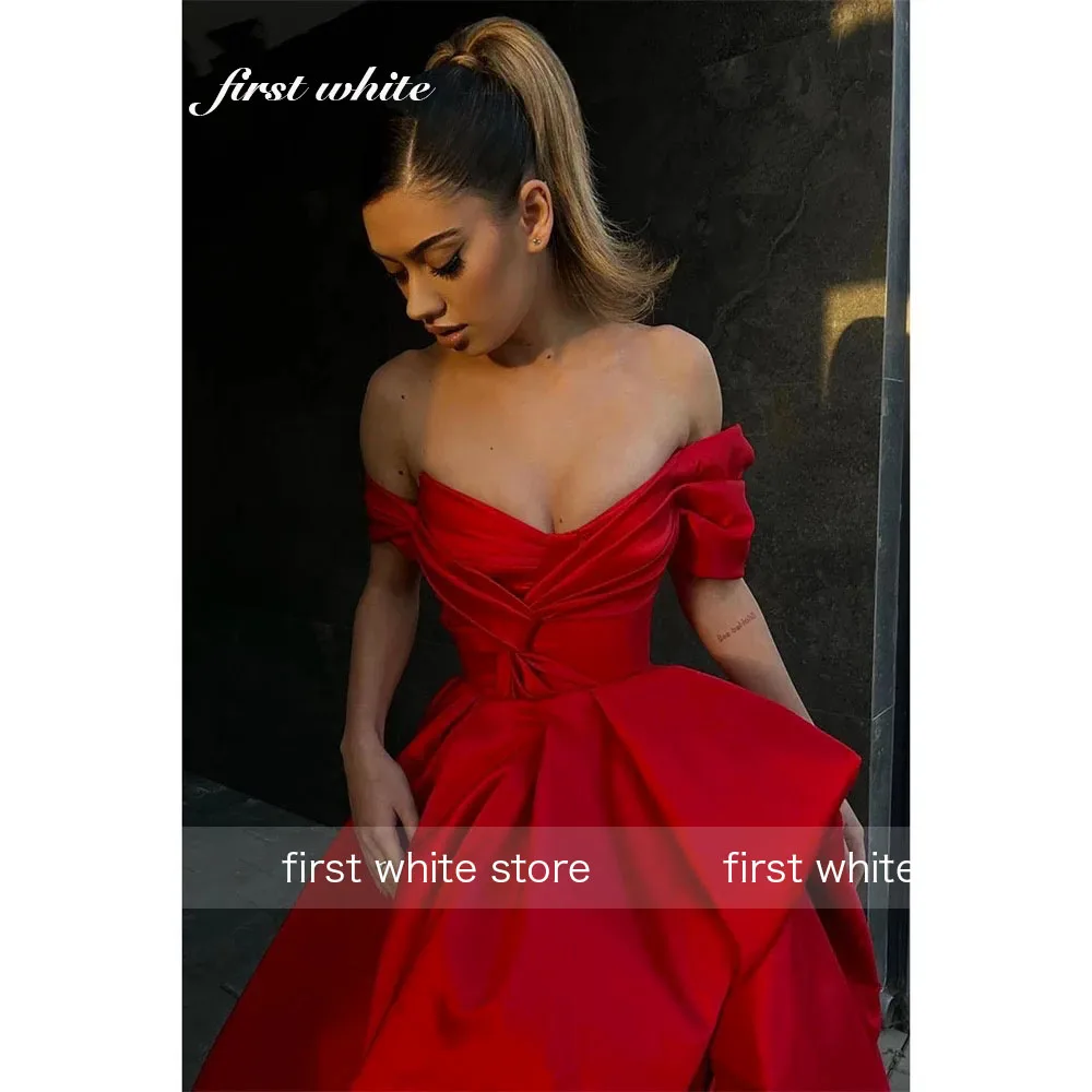 Customized Red A Line Prom Dresses Side Split Pleat Off the Shoulder Evening Dress V Neck Formal Dresses Stain فساتين الحفلات