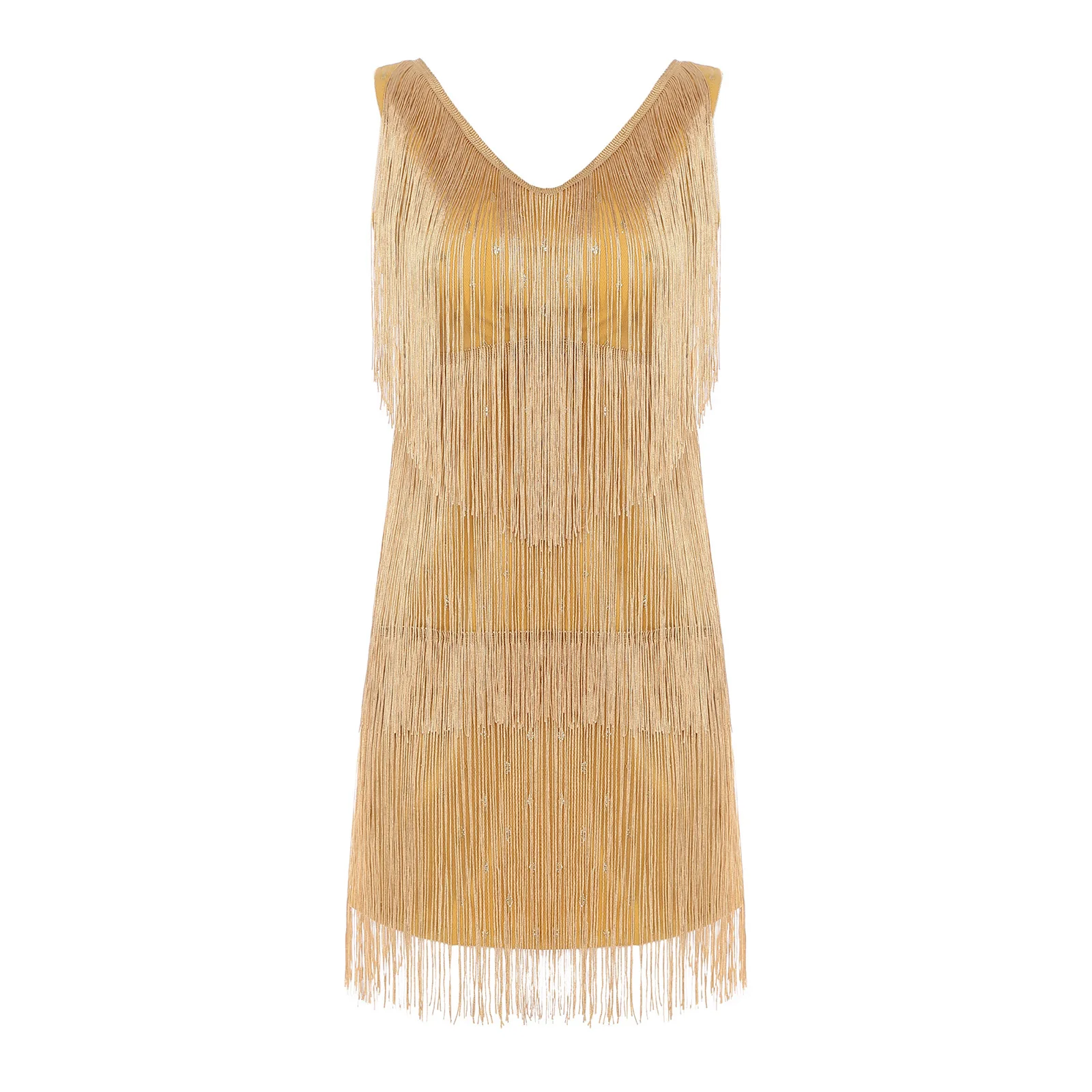 

Womens Elegant Charming Tassel Dress V Neck Sleeveless A-line Shiny Dress Tube Mini Dress for Birthday Party Festival Raves