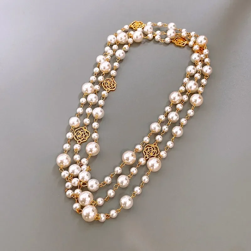 Women Vintage Hollow Camellia Flower Pearls Long Necklace Jewelry Collar Hombre