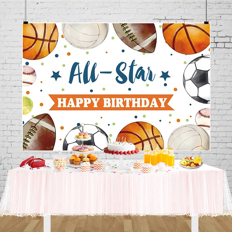 Contexto dos esportes do futebol do feliz aniversário, tema do basquetebol do futebol, é uma decoração do menino, bandeira do partido do chuveiro, fundo da fotografia