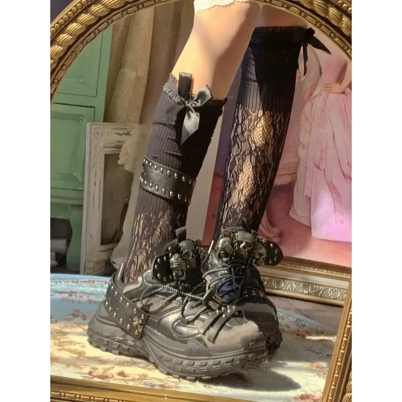 Pinkyo Original Skull Cross Metal Punk Dad Shoes Subculture Dark Platform Sneakers Gothic Streetwear Chunky Sole Casual