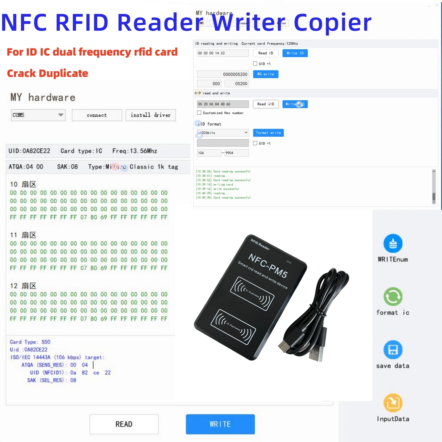 NFC Rfid Copier Dual Interface Frequency IC ID Reader Writer Duplicator Decode Crack Smart Card for 125khz H-id T5577 / S50 UID