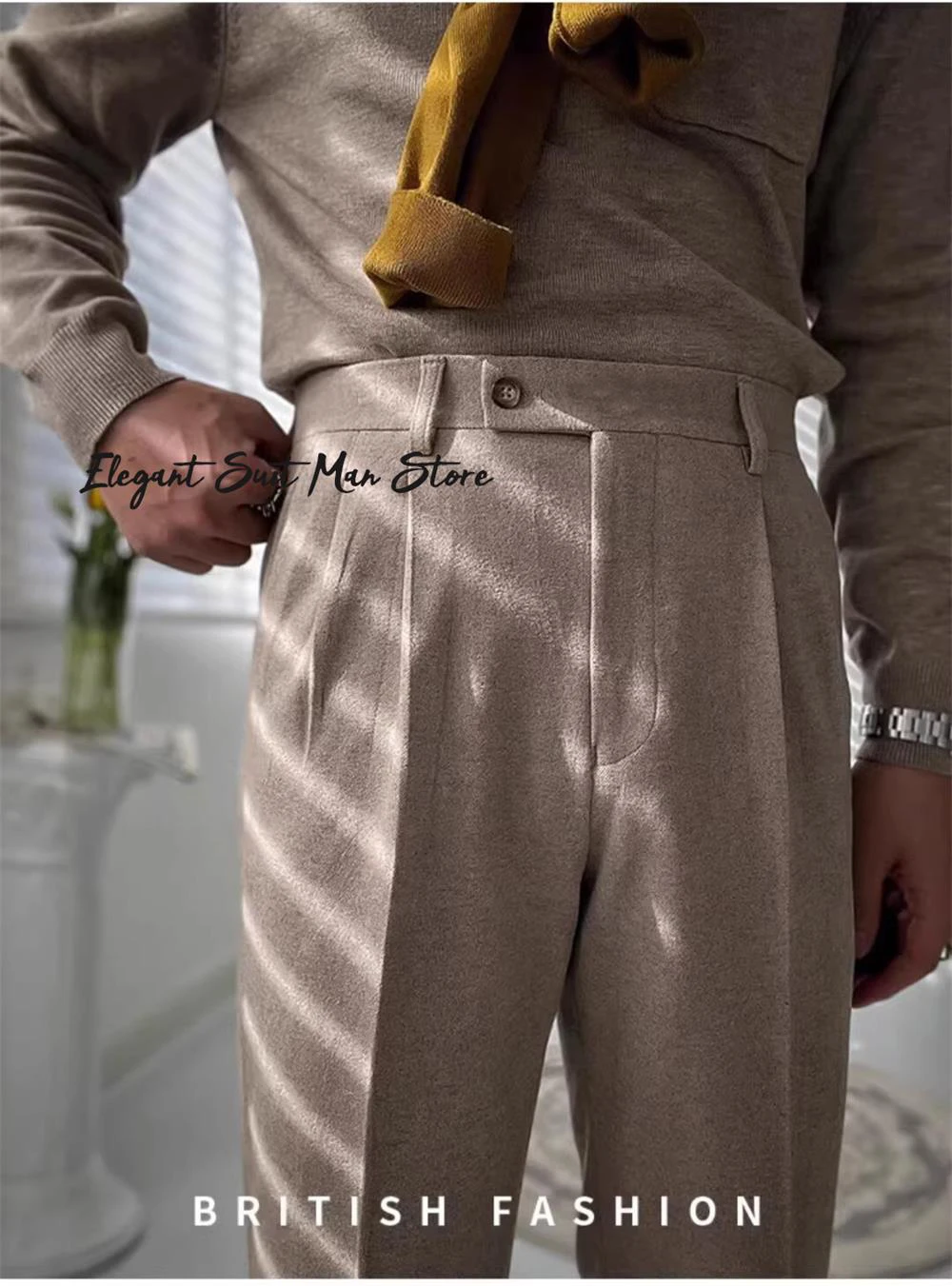 

Vintage high-end Naples high waisted straight leg trousers for business gentlemen Black casual suit pants versatile long pants